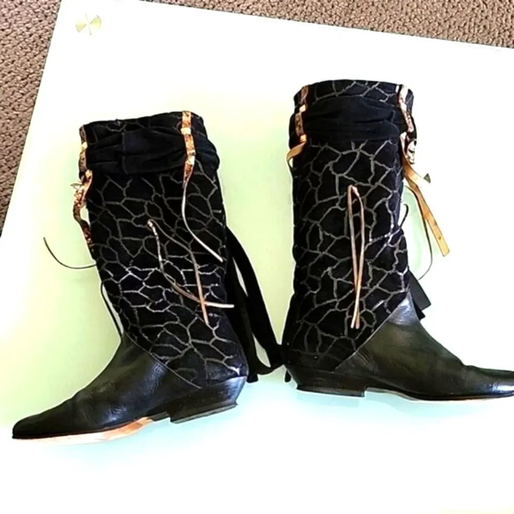 El Vaquero Boho Western Fringy Rhinestone Coastal Cowgirl Festival Boots Size 35